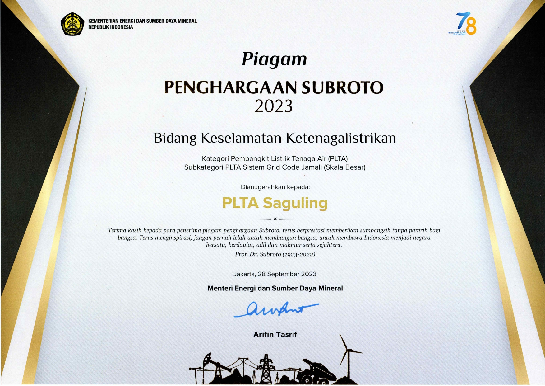 Penghargaan Subroto 2023 Kategori PLTA-Jamali